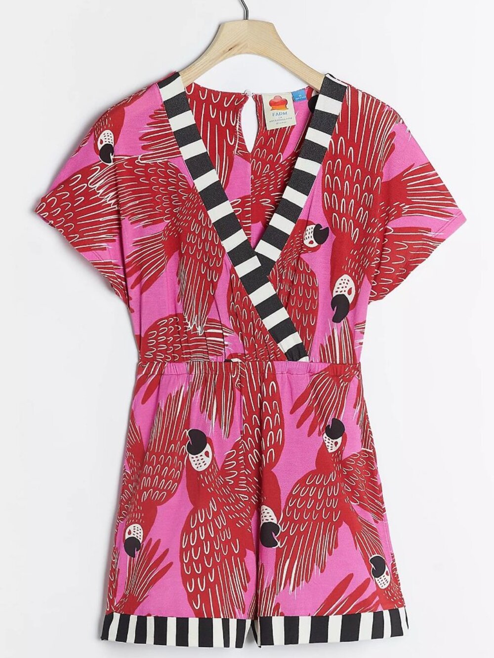 FARM RIO Salma Parrot Romper Pull-On Tropical Summer, Pink Red B&W Check — S